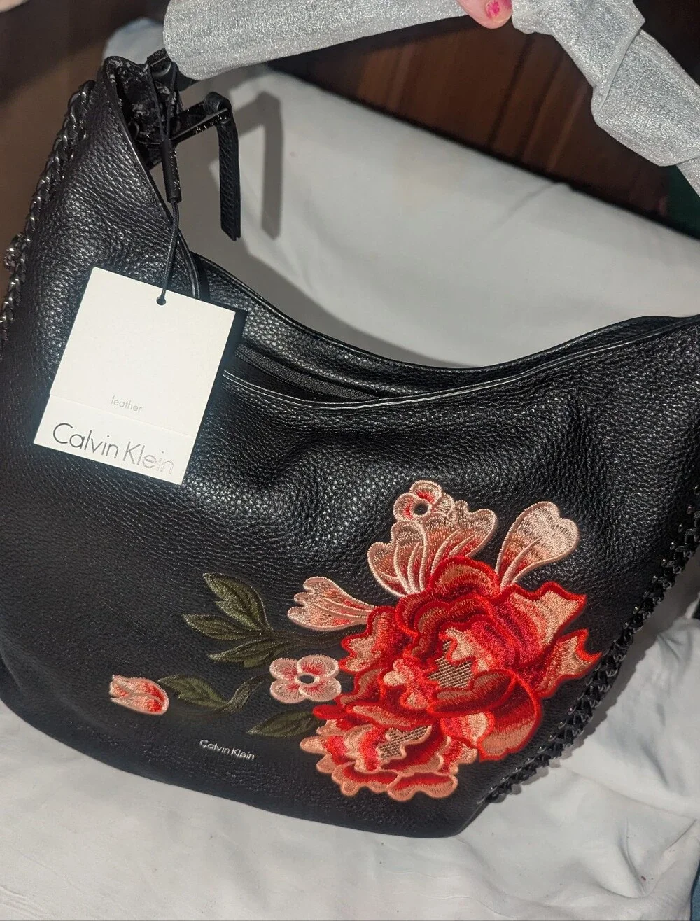 Calvin Klein Samira Black Leather Hobo Bag with Red Floral Embroidery NWT